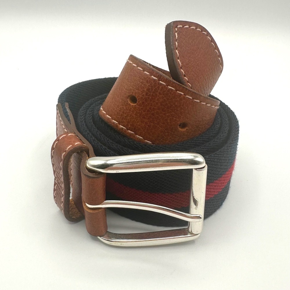 The Vermont Country Store Stretch Belt Mens 34 Navy Red Striped Canvas Leather